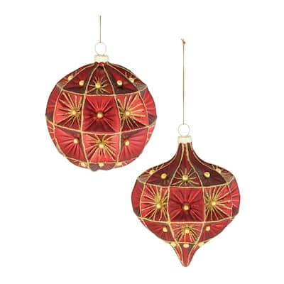 Beaded Onion and Ball Glass Christmas Ornaments - 4.75" - Red and Gold - 6ct