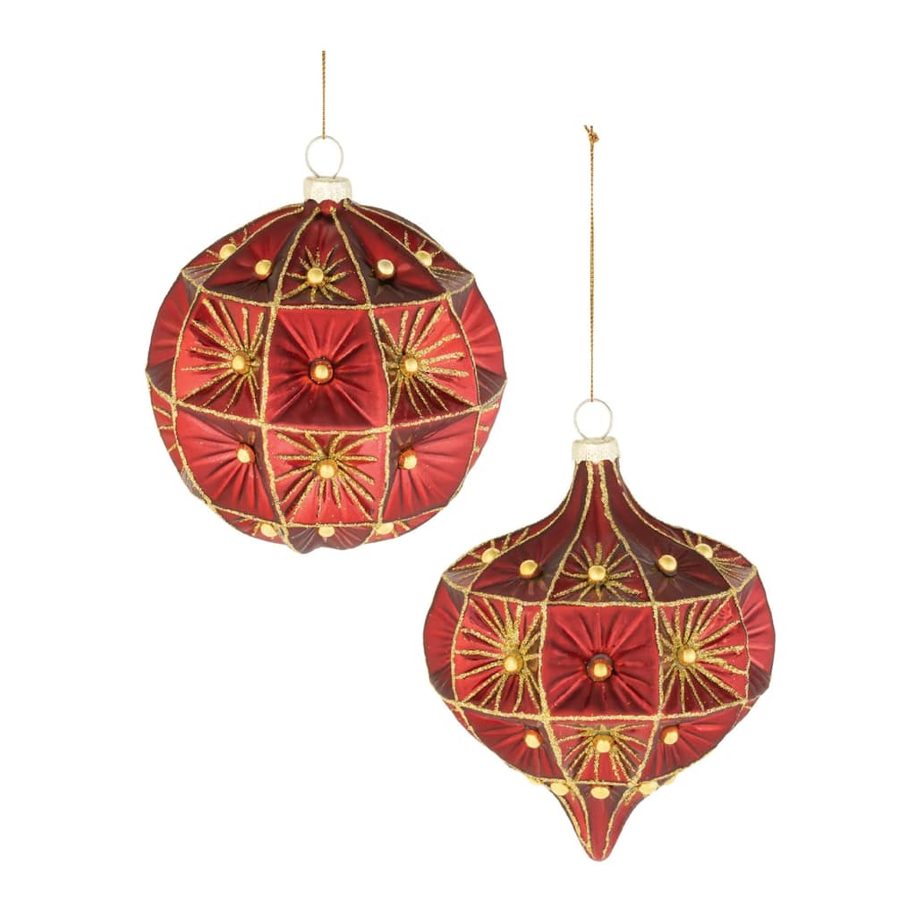 Beaded Onion and Ball Glass Christmas Ornaments - 4.75" - Red and Gold - 6ct