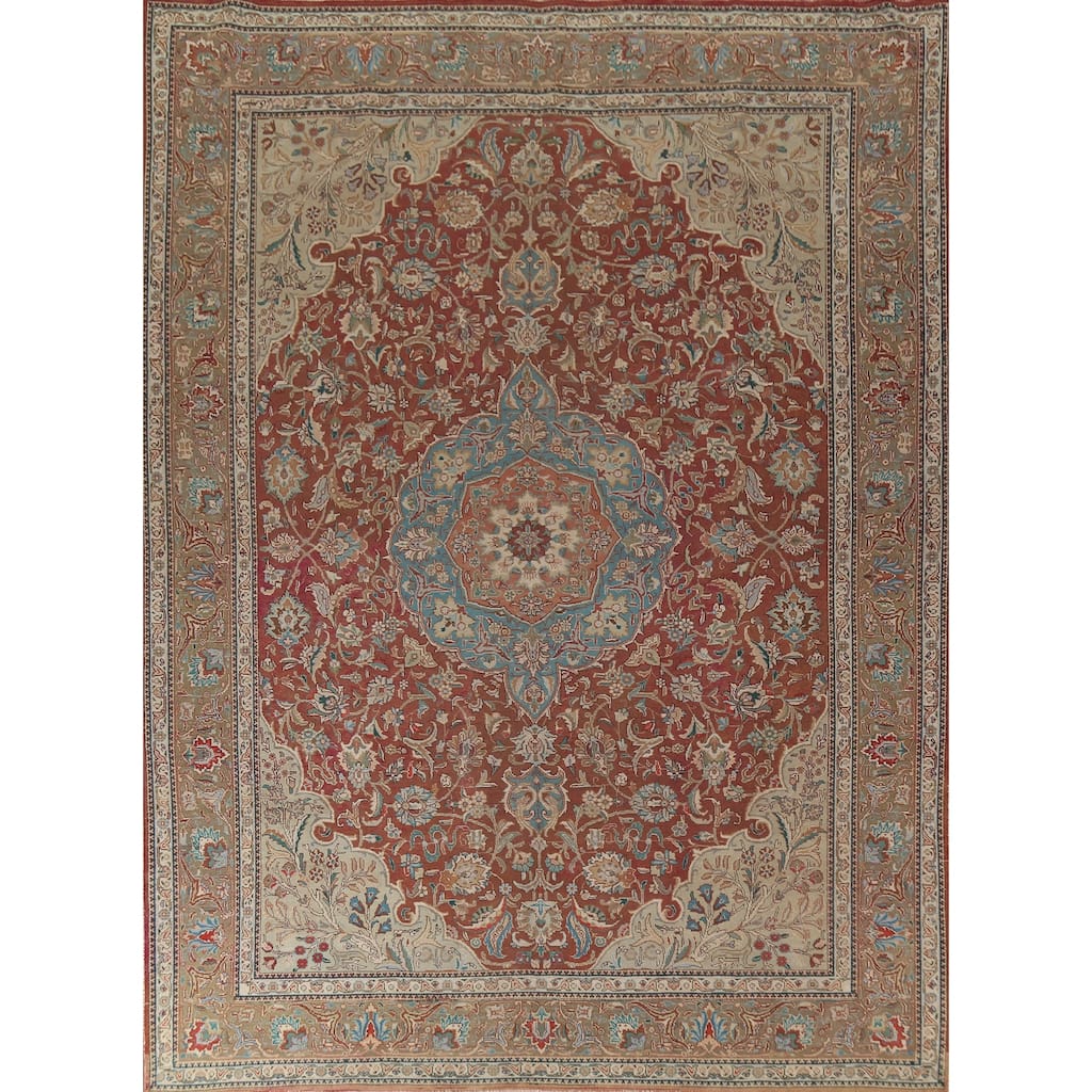 Orange Floral Tabriz Persian Vintage Area Rug Handmade Wool Carpet - 9'5"x 12'5"
