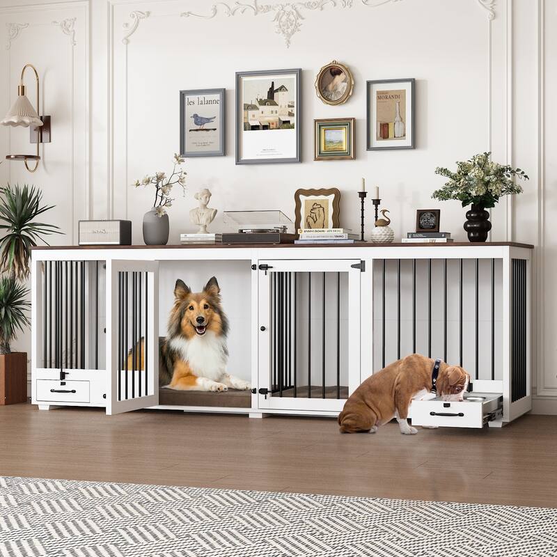 Dog Crate Furniture with Feeding Drawer and Divider, 86.6" Extra Large Indoor Dog Kennel for 2 Dogs,Pet Crate Sideboard