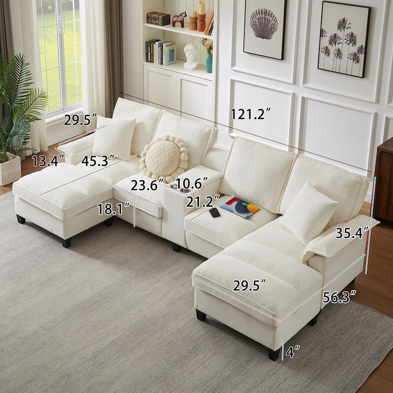 Homy Casa 120" U-Shaped Modular Corduroy Sectional Sofa Bed w/ Storage, Cup Holders & USB, 4-Seat (Beige/Green/Gray/Black)