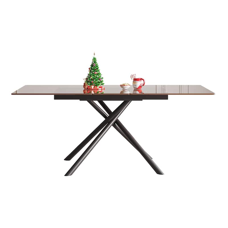 59-inch Modern Rectangle Expandable Dining Table with Retractable Leaf, Black Sandblasted Glass Top & Carbon Steel X-Base
