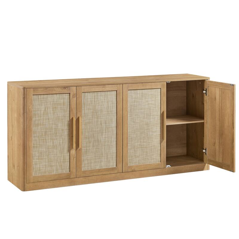 67" Rattan 4-Door Buffet Cabinet, Large Boho Sideboard Credenza for Living Room or Kitchen