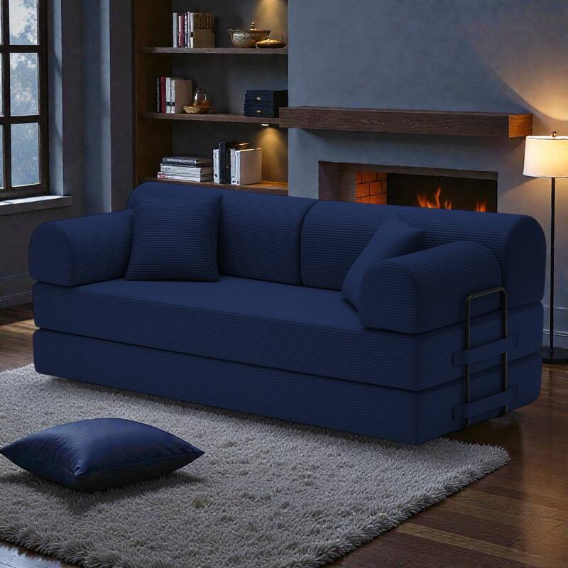 Convertible Sleeper Sofa Bed, 4-in-1 Corduroy Folding Floor Couch with Cylindrical Pillow, 2-Seat Space-Saving Lounge Sofa - Blue