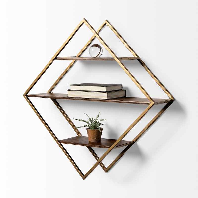 "Neil" Diamond Shaped Brass Frame w/Brown Solid Wood Shelves Wall Unit - 29.8L x 8.0W x 29.8H