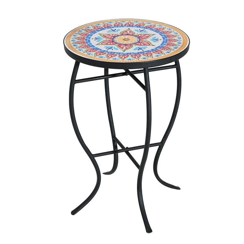 Han Outdoor Round Ceramic Tile Side Table with Iron Frame by Christopher Knight Home - Red+Black