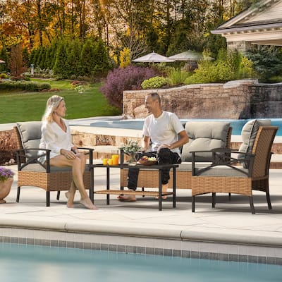 Moasis 4-Piece Patio Furniture Wicker Outdoor Bistro Set All-Weather Rattan Conversation Loveseat Chairs - 4 Pcs