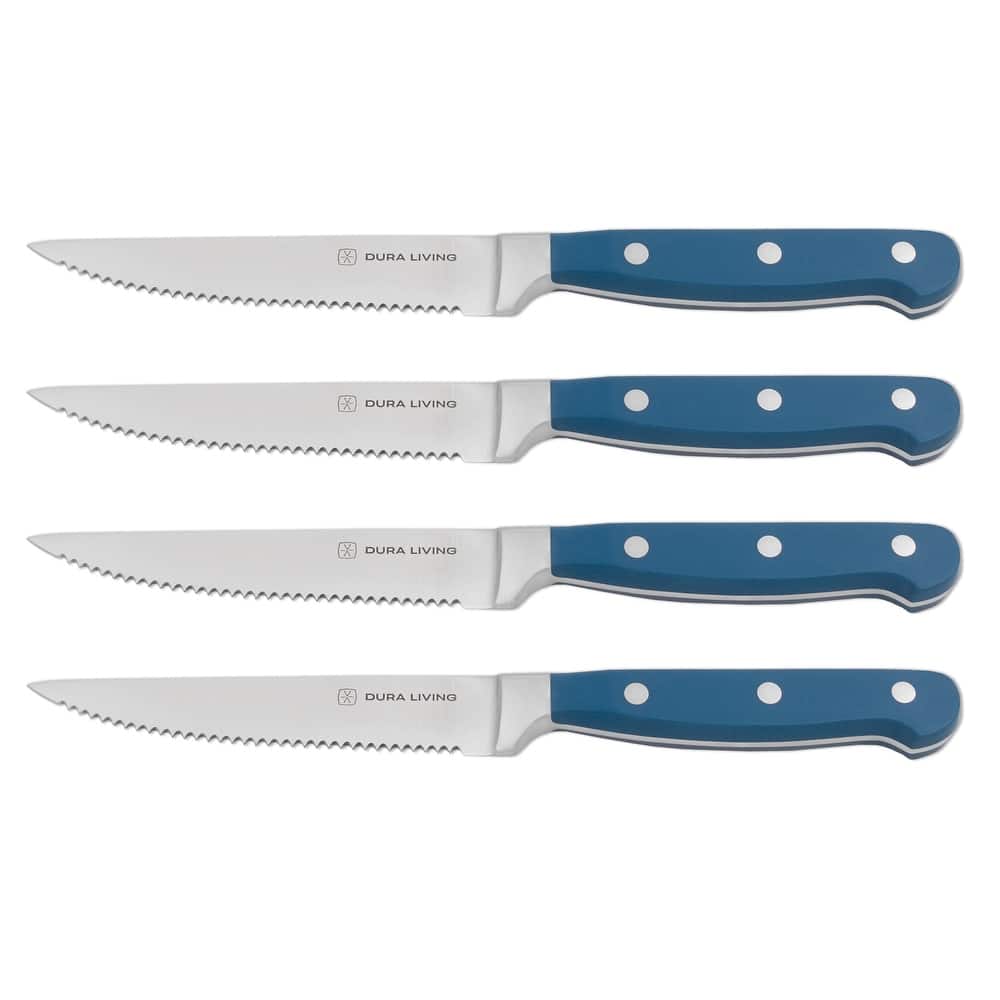 Dura Living 4-Piece Steak Knife Set - High Carbon Stainless Steel Serrated Blades, Ergonomic Black Handles