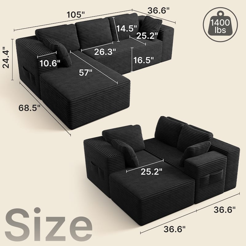 105" Cloud Sectional Couch with L-Shape Chaise, Modular Boneless Sofa, Upholstered Corduroy Couch