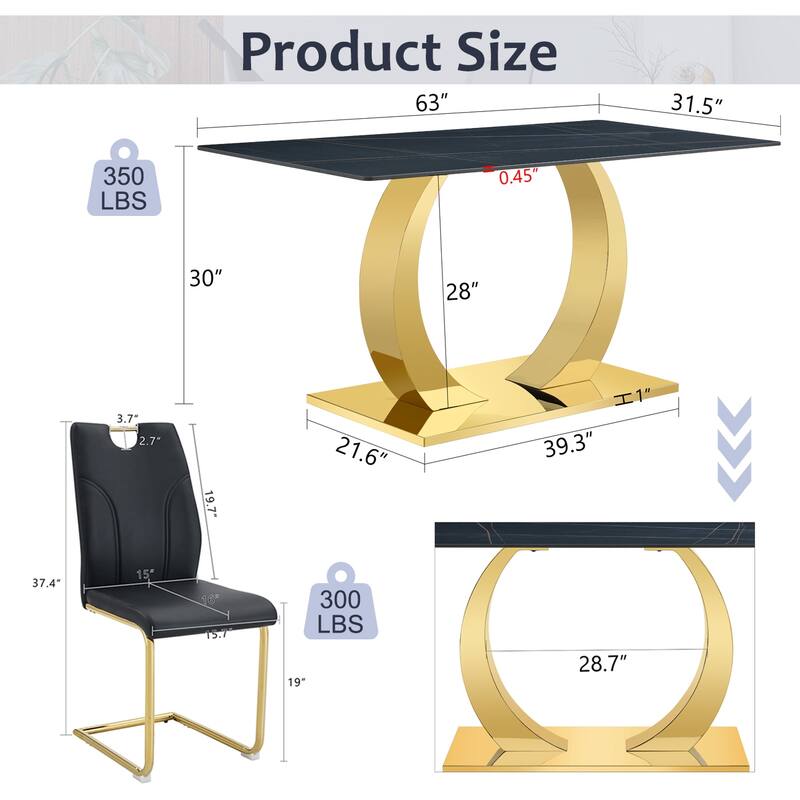 Black Texture Dining Table Set with O-Shaped Legs, PU Leather Chair with C-shaped Bases, Scratch-Resistsnt, Anti Slip Feet