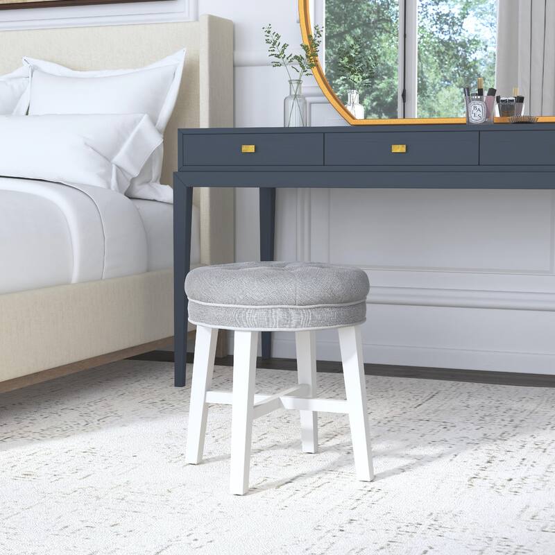 Hillsdale Furniture Sophia Tufted Backless Vanity Stool, White with Linen Gray Fabric - White & Linen Gray - 16" x 16" x 18"
