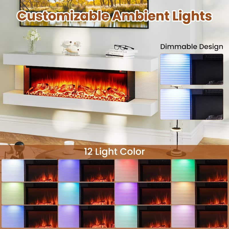 White Wall Mounted Floating Electric Fireplace with and 3-Sided Tempered Glass and Remote Control