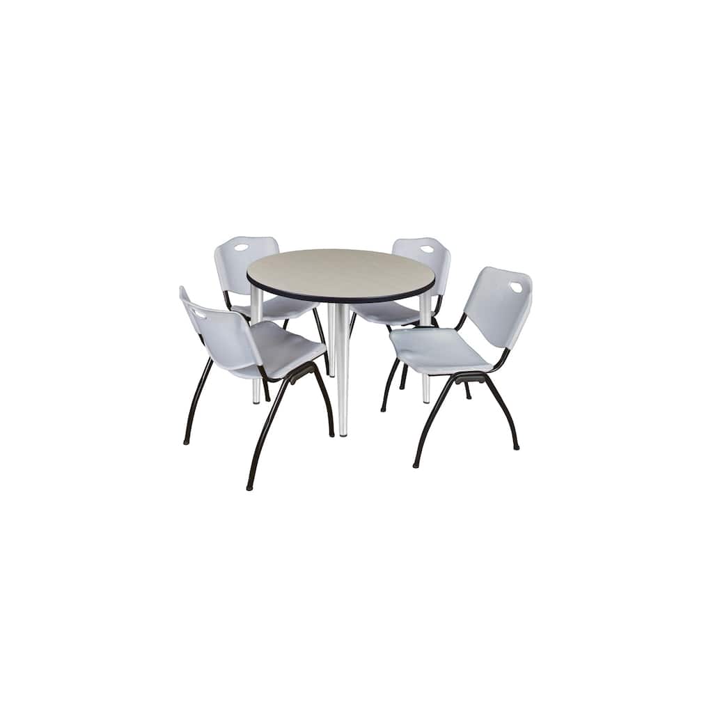36 in. Round Breakroom Table- Maple Top, Chrome Base & 4 M Stack Chairs- Grey