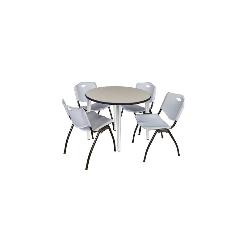 42 in. Round Breakroom Table- Maple Top, Chrome Base & 4 M Stack Chairs- Grey