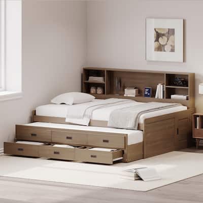 Full Size Captain DayBed with Storage Bookcase Headboard, with Trundle Storage Drawers, Walnut