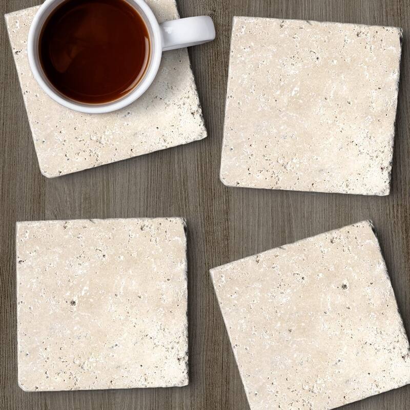 Natural Travertine Absorbent Stone Coasters with Protective Cork Backing 4 Pack Manufactured in The USA