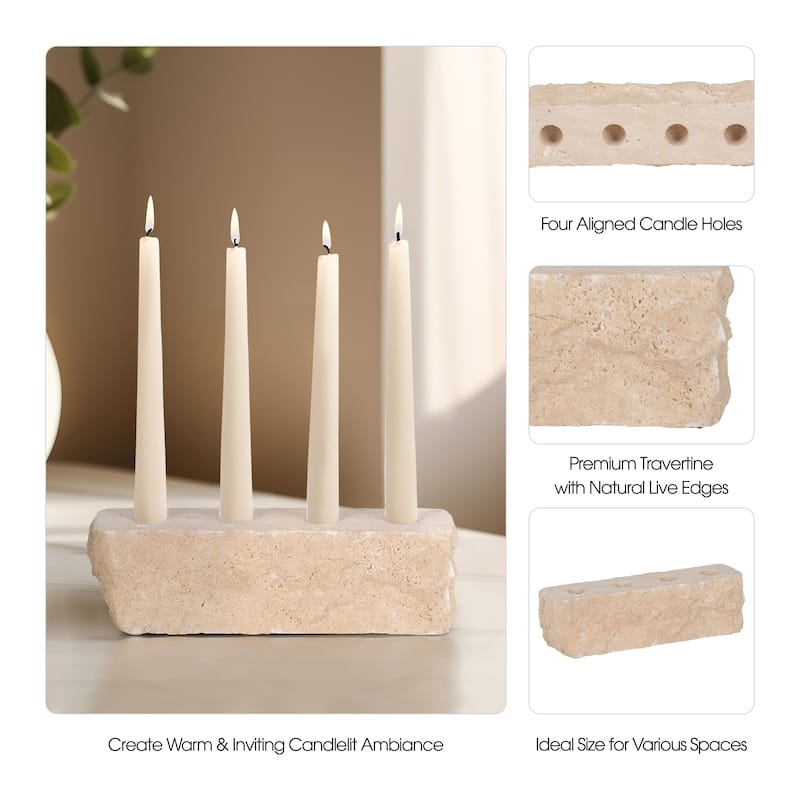 Sagebrook Home 10" Live Edge Travertine 4-taper Candle Holder in Natural Tone - 10" x 3" x 3"