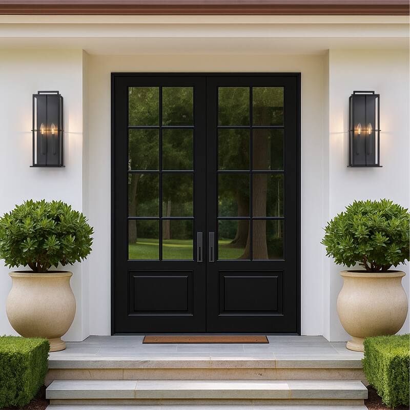 H19" Modern Large Lantern Outdoor Wall Light with Clear Glass Dual-Bulb Design and Black Finish Wall Sconces for Porch Patio