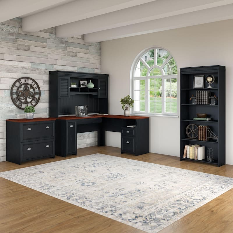 Fairview 60W Desk with Hutch, Cabinet and Bookcase by Bush Furniture - Antique Black