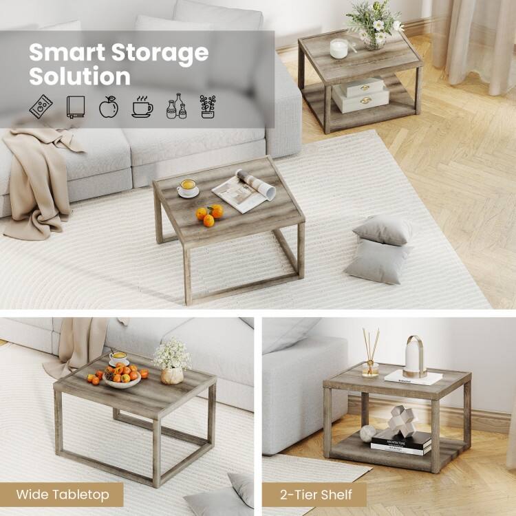 Grey MDF Rubber Wood 2-Piece Nesting Coffee Tables with Farmhouse Design - 27.5" x 23.5" x 18"