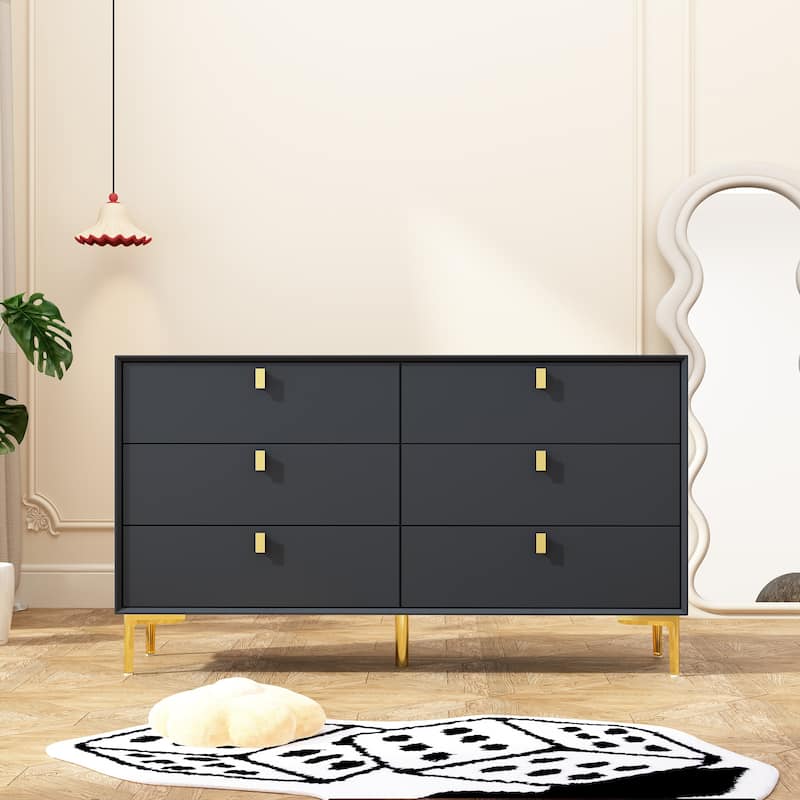Dresser 6 Drawer Wood Dresser for Bedroom with Storage Modern Gold