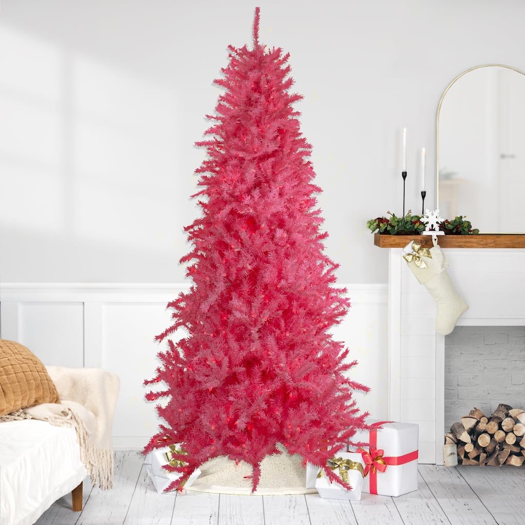 Pre-Lit Slim Tinsel Artificial Christmas Tree - 7.5' - Pink - Pink Lights - 7.5 Foot