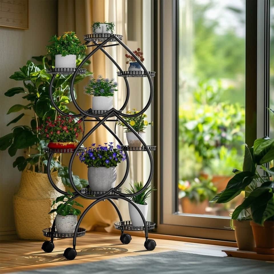 Iron Metal Plant Stand 9-Potted Flower Holder with Wheels Display Rack - 28.7x11.8x48.8 inch