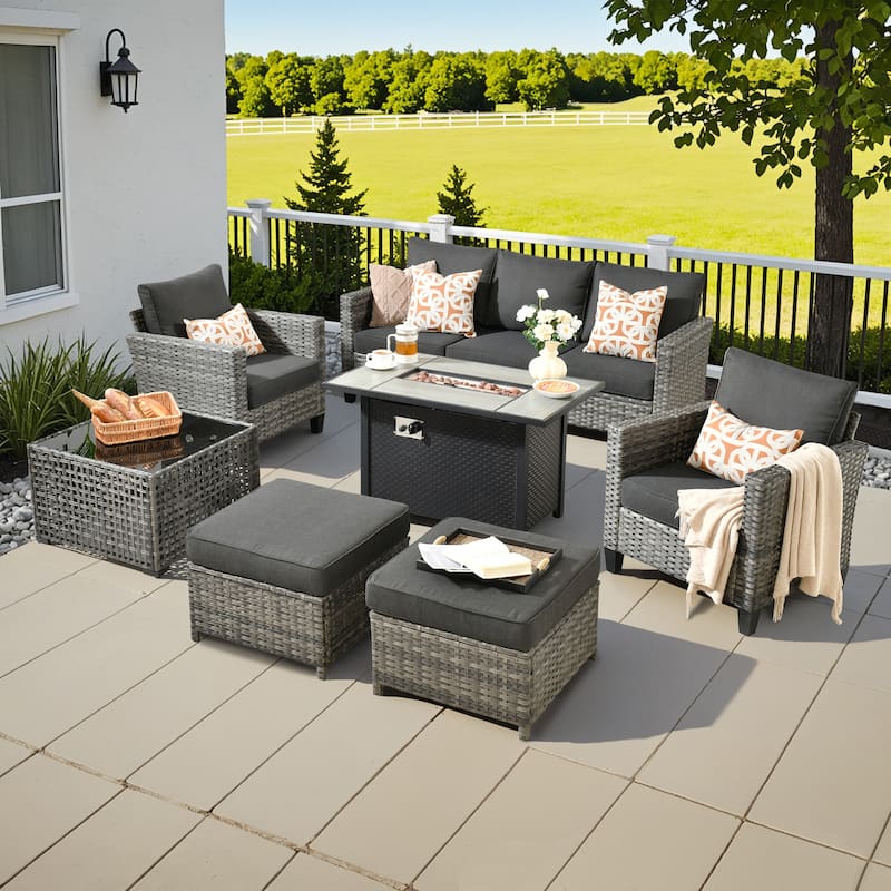 XIZZI 7-Piece Outdoor Patio Wicker Furniture Set with Fire Table - Black
