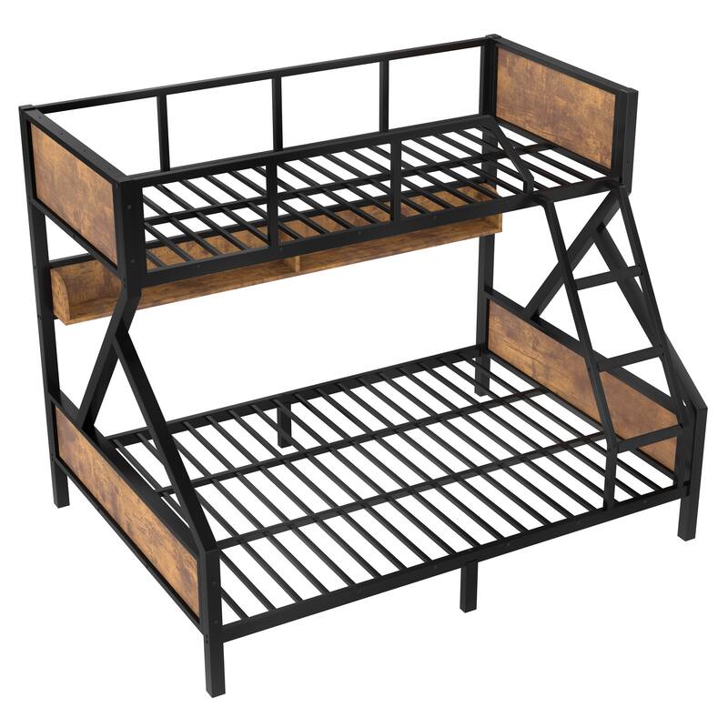 Twin XL over Queen Bunk Bed, Metal Bunk Bed with Storage Shelves and Lights, Space-saving & Noise-free Design, Woodgrain