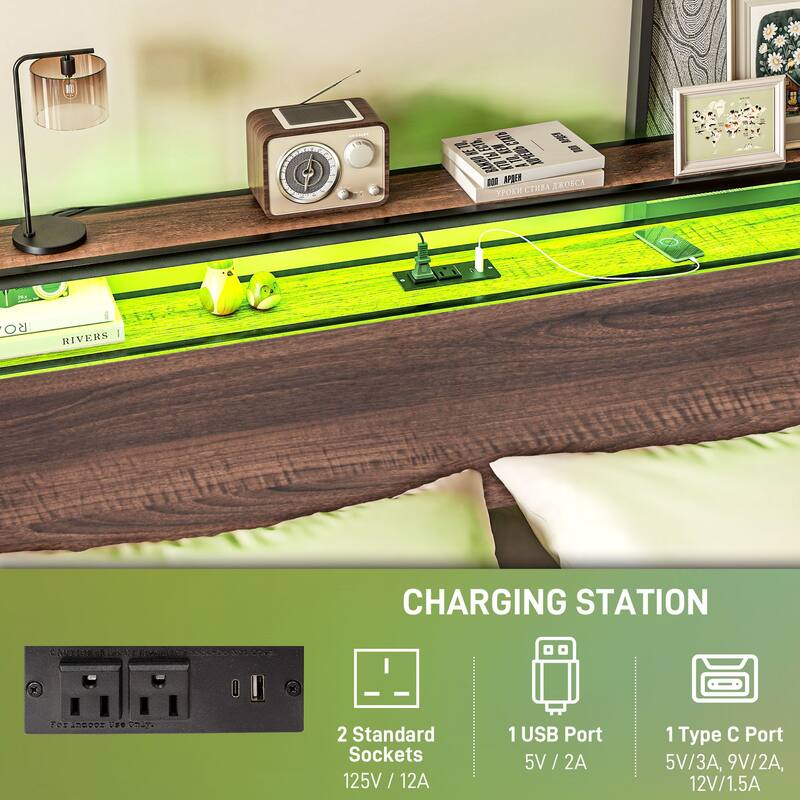 Walnut Platform Bed Frame with USB Charging and RGB LED Lights 3-Tier Storage and Noise-Reducing Mats
