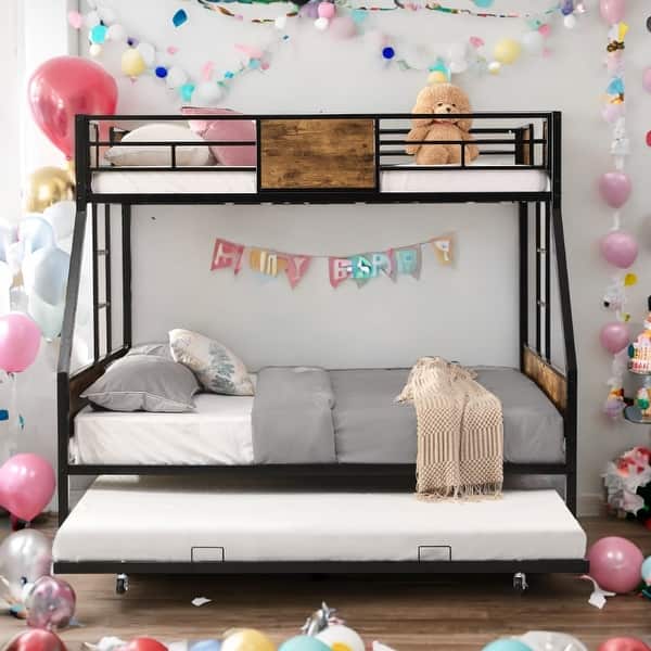 slide 2 of 8, Twin Over FULL Metal Bunk Bed with Trundle 2-Side Ladder and Full-Length Guardrail, No Box Spring Needed Black+Brown