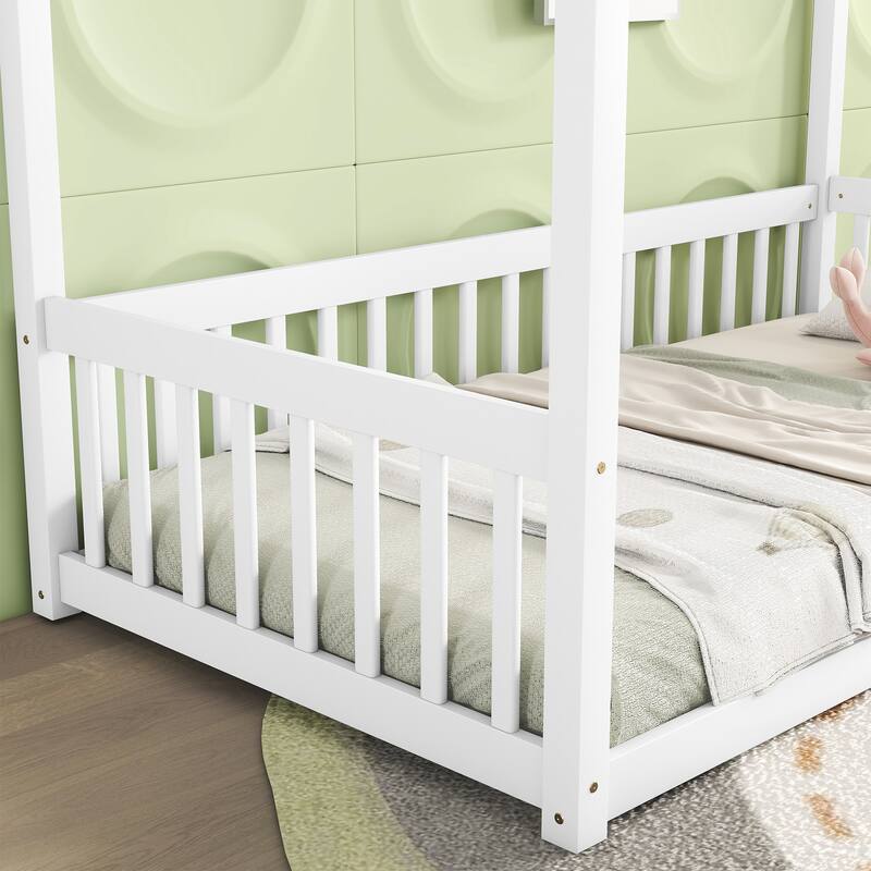Twin Size Canopy Frame Floor Bed with Fence and Guardrails in White
