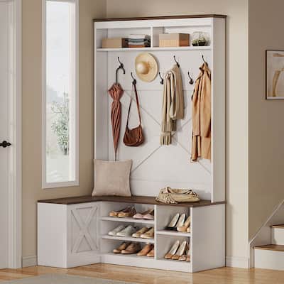 Moasis Farmhouse Hall Tree with Shoes Bench and Cabinet Corner Coat Rack Organizer