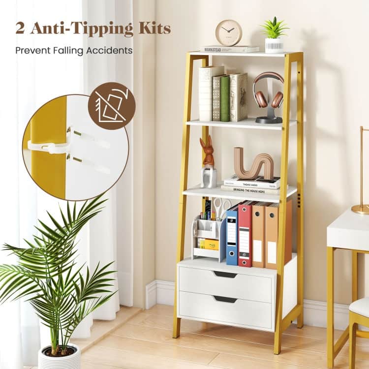 Ladder Bookshelf 4-Tier Freestanding Bookcase with Drawers - 20.5" x 15.5" x 52.5"