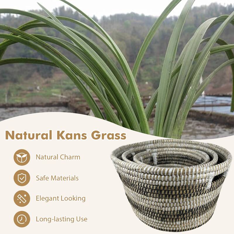 Gymax Natural Canes Grass Baskets Stackable Storage Bins Set of 3 w/