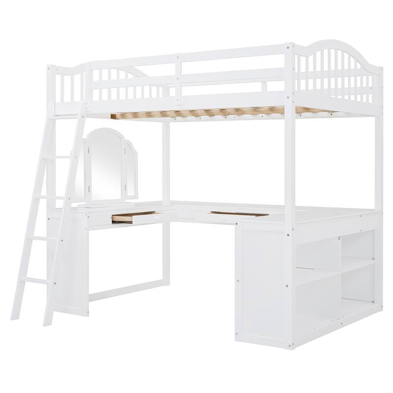 White Full Wooden Loft Bed with U-shaped Desk and Storage Compartments