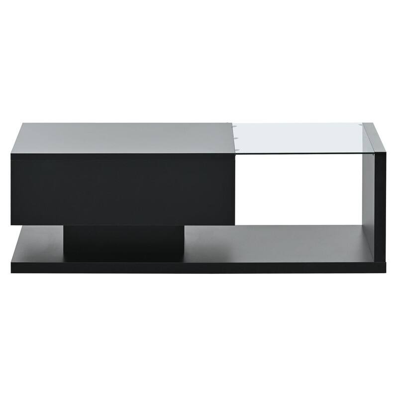 Modernist Glass & High-Gloss Wood Coffee Table with Drawer, 2-Tier Rectangular Center Table for Living Room