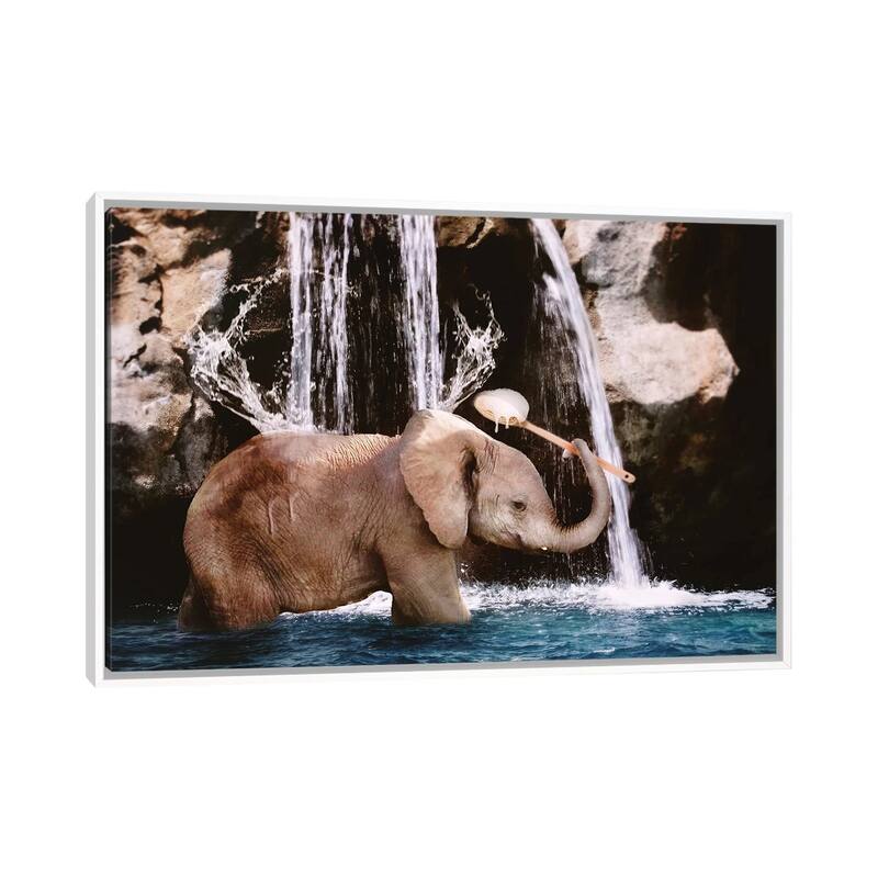 iCanvas "Baby Elephant Bath" by Karen Burke Framed - White - 18x26