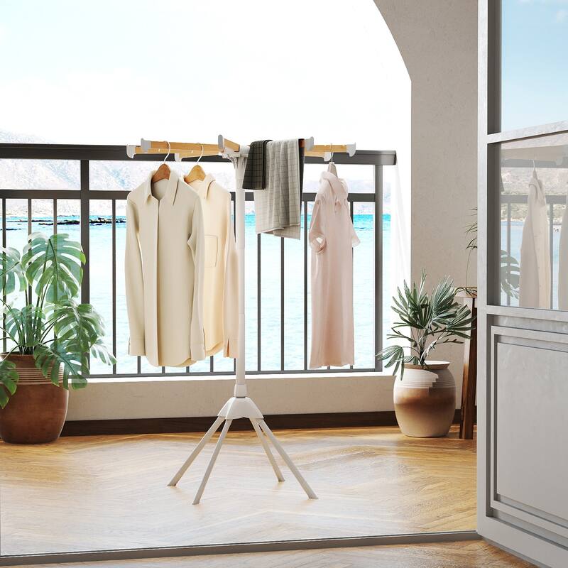 Gymax 4 Legs Clothes Drying Rack w/8 Bamboo Hanging Rods 40 Hanger