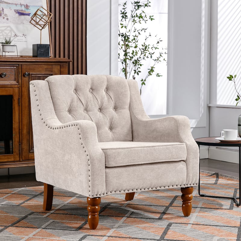 Beige Footrest Chair Set with Vintage Brass Studs, Button Tufted Upholstered