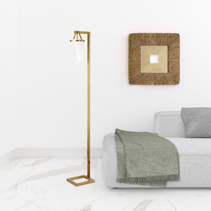 Modern 68" Arched Floor Lamp with Brass Base and Glass Shade
