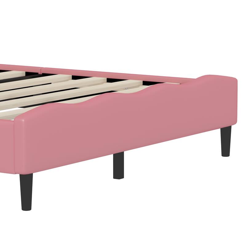 Crown-Shaped PU Leather Princess Bed with Tufted Headboard, Full Size Pink & Cream