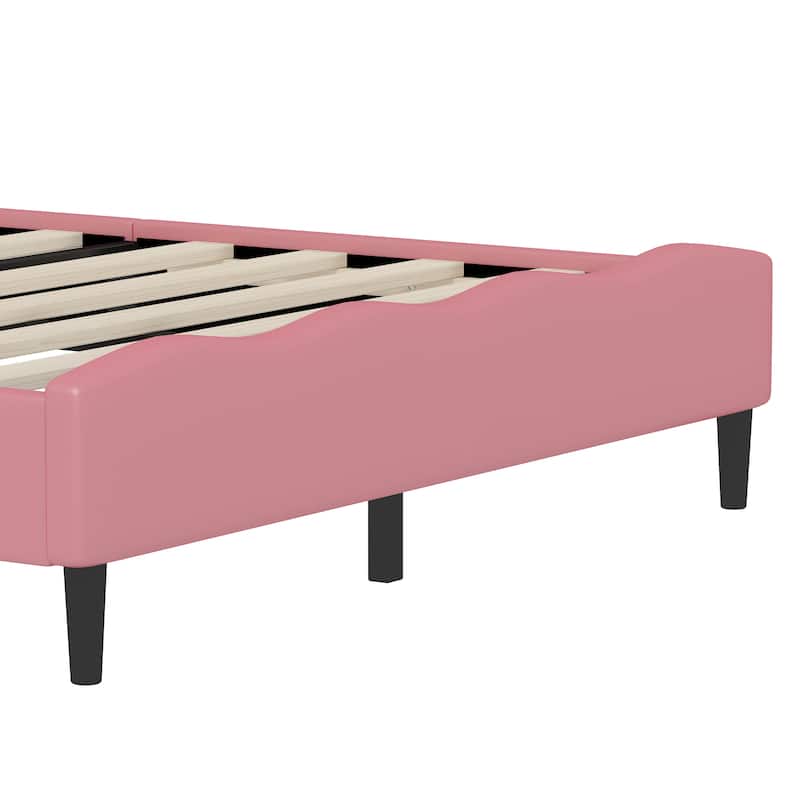 Pink and Cream Princess Bed with Crown Shaped Headboard Tufted PU Leather Upholstery for Girls