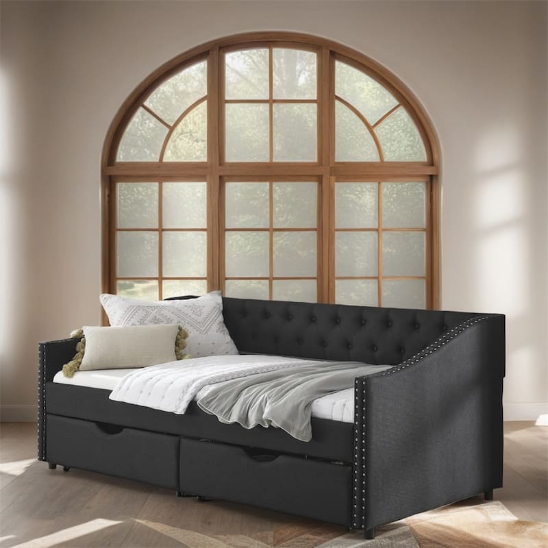 Twin Size Upholstered Tufted Daybed with Drawers and Copper Nail - Black