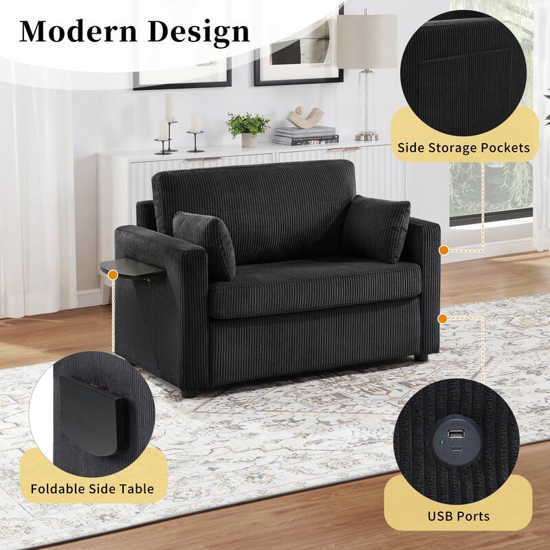 Twin Size Convertible Sleeper Sofa with Foldable Table, USB Ports and Lumbar Pillows, Black Corduroy