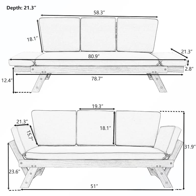 Patio Adjustable Patio Wooden Daybed Sofa