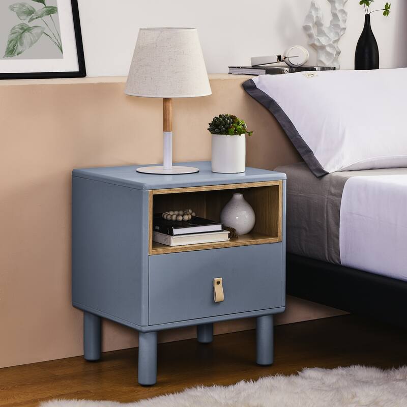 Night Stand, Bedside Table With Drawer, Minimalist And Practical End Side Table With Open Storage Shelf, Solid Wood Leg