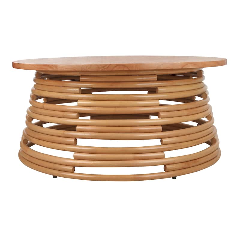 NPD Furniture Zeke Rattan Round Coffee or Side Table with Solid Wood Top - Honey - Coffee Table
