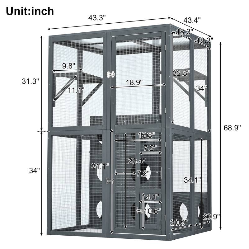 Outdoor Cat Catio Enclosure with Double Enter Doors & Climbing shelves, Weatherproof Pine Wood Playground with 7 Wood Boxes