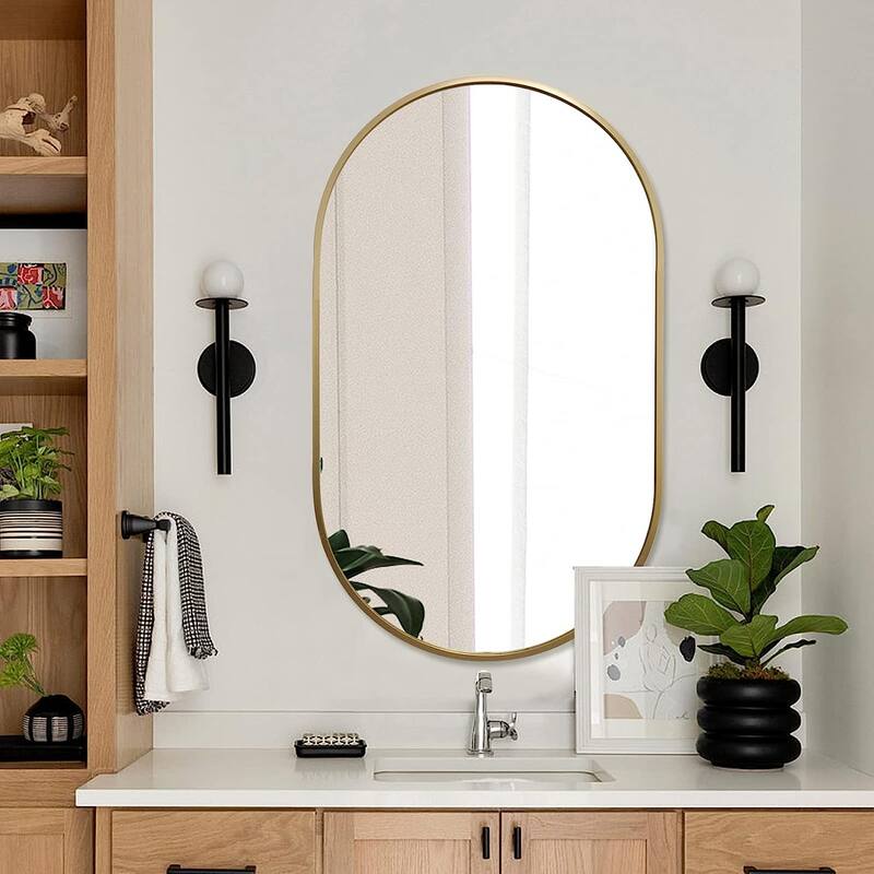 GDFStudio - Verona Modern Metal Frame Oval Bathroom Vanity Decorative Mirror with Elongated Silhouette & Easy Wall Mounting - Gold - 20" x 33"